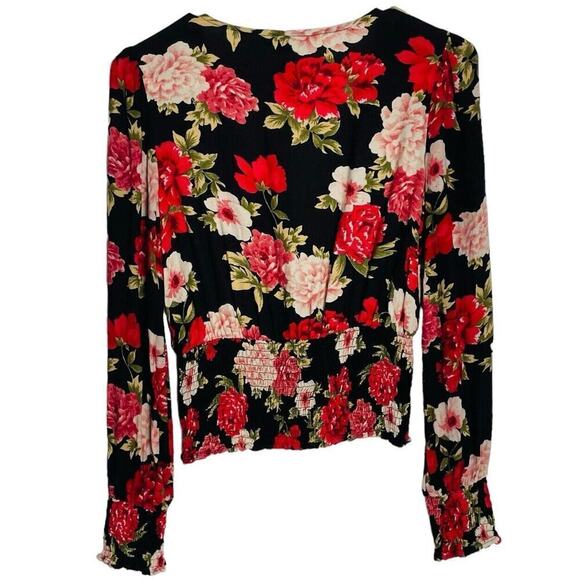 American Eagle Cottagecore Blouse Womens XS Black Floral Smocked Boho Top - Picture 2 of 8